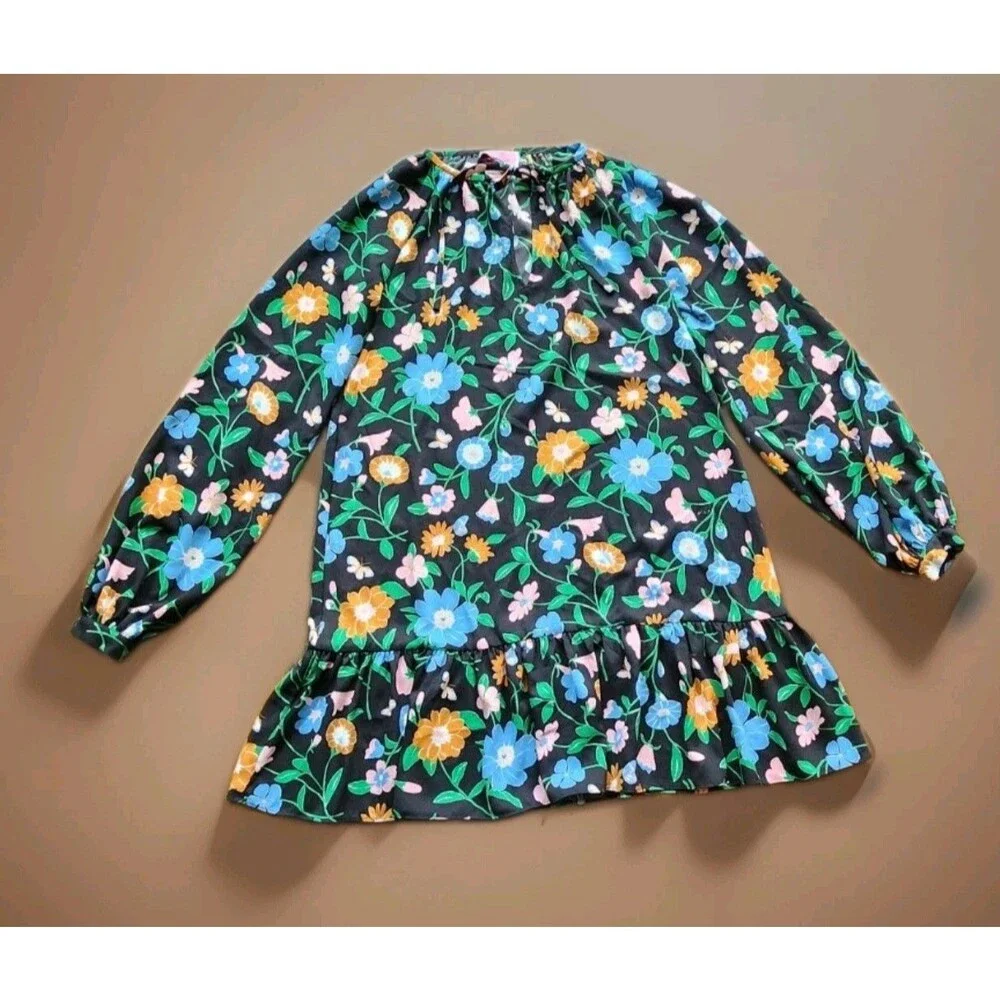 Kate Spade Black Floral Puff Sleeve Tunic Blouse Round Neck Size S (726)